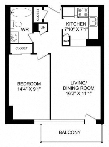 Floor plan for 1 bed, 1 bath, 560 sqft